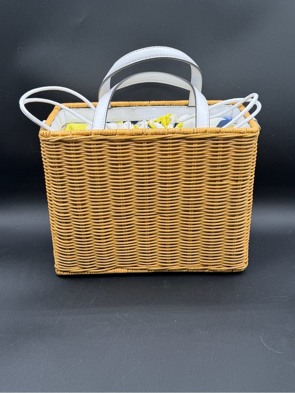 Kate Spade Wicker Basket Bag — Straw/Rattan with White Straps & Floral Lining - Picture 4 of 8